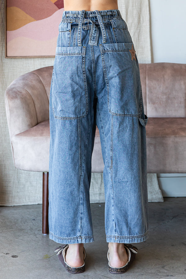 MINERAL WASHED WIDE LEG CARGO DENIM JEANS