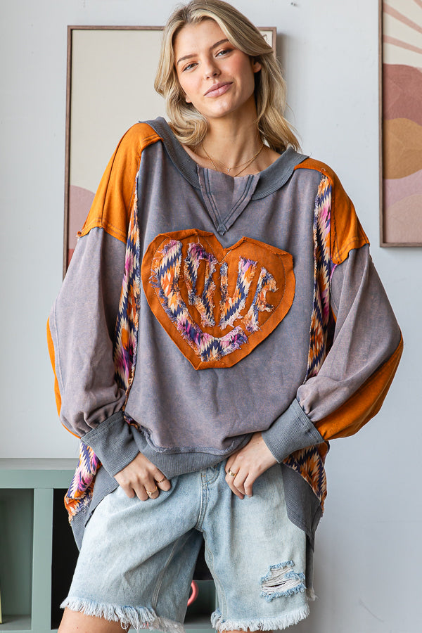 WASHED LOVE HEART PATCHWORK PULLOVER TOP