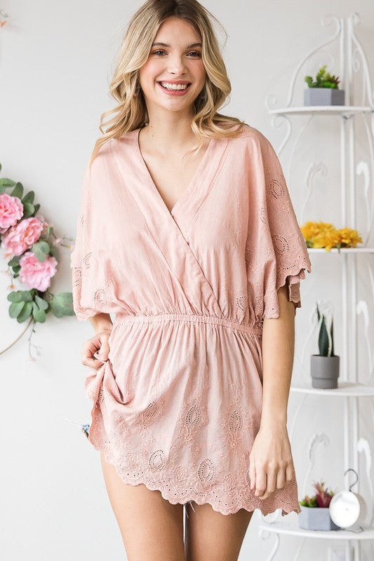 WASHED SURPLICE FRONT EYELET HEM PEPLUM BLOUSE