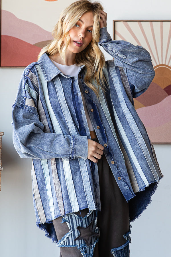 WASHED STRIPED PATCHWORK DENIM SHACKET