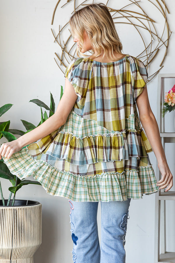 PLAID PATTERN RUFFLE SHORT SLEEVE BABYDOLL TOP