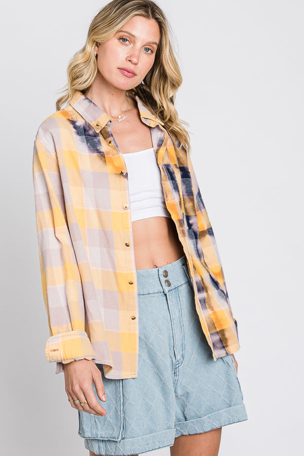 BLEACHED MULTI COLOR PLAID BUTTON DOWN SHIRT