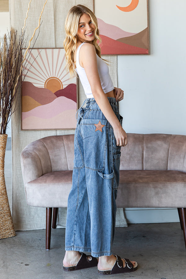 MINERAL WASHED WIDE LEG CARGO DENIM JEANS