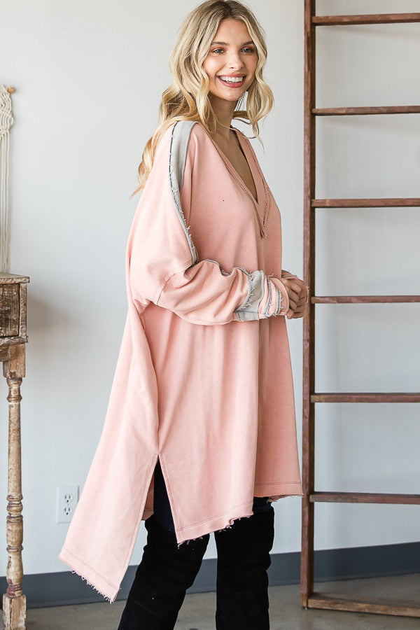 WASHED WIDE V NECK CONTRAST DETAIL TUNIC TOP