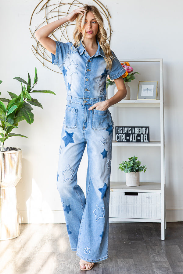 WASHED STAR PRINTED DENIM JUMPSUIT