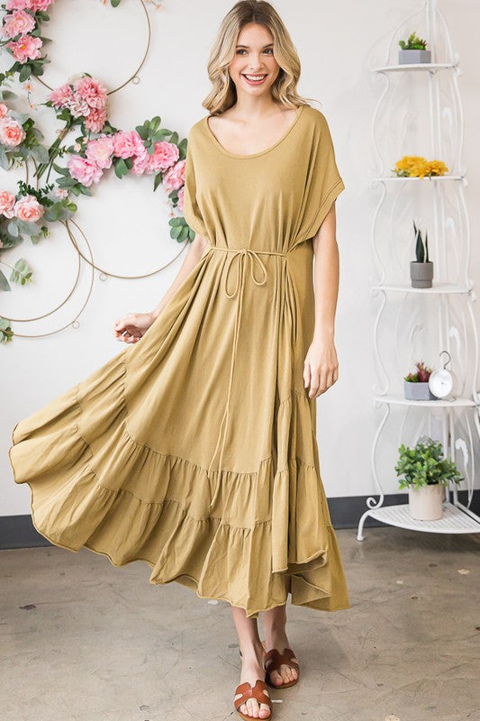 WASHED RUFFLE TIERED HEM SHORT SLEEVE MIDI DRESS