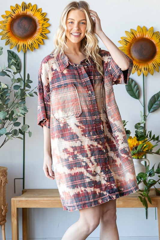 BLEACHED DETAIL WASHED SHORT SLEEVE SHIRT DRESS
