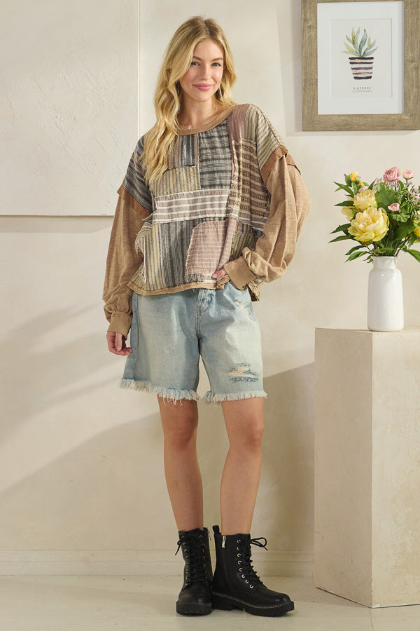 WASHED PATCHWORK FABRIC MIXED LONG SLEEVE TOP