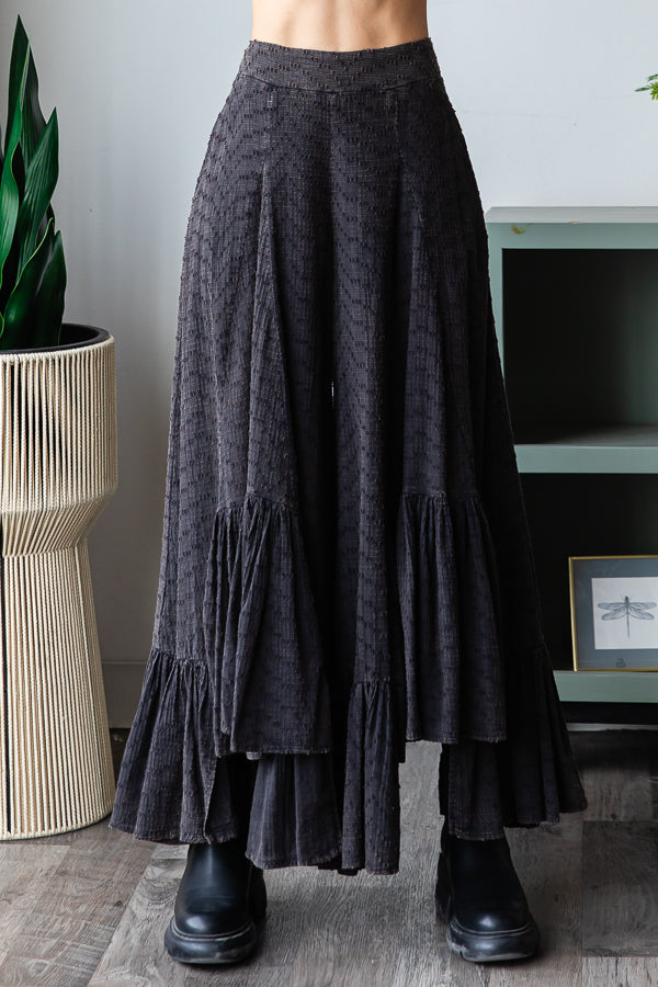 WASHED WIDE LEG RUFFLED HEM PANTS