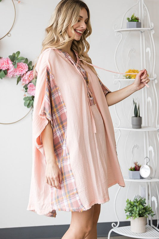 WASHED PLAID MIXED HOODED OVERSIZED TUNIC TOP