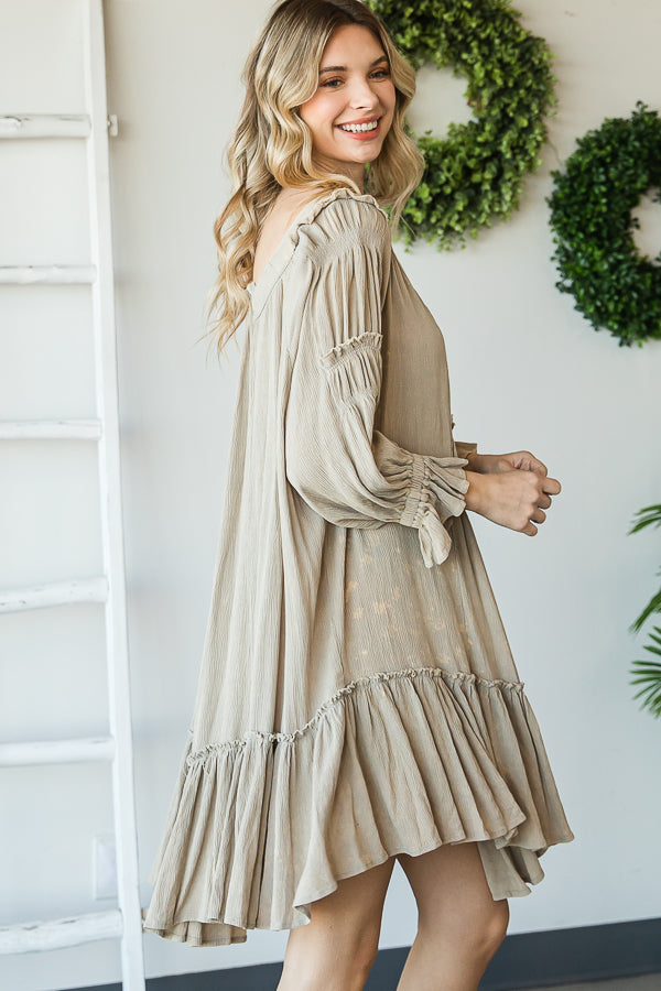 WASHED SCOOP NECK RUFFLE HEM BABYDOLL DRESS