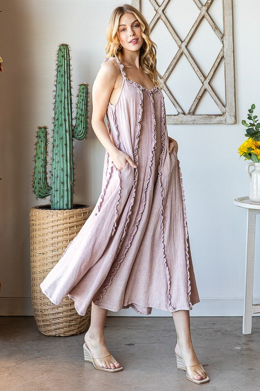 WASHED RUFFLE SEAM DETAIL TANK MIDI DRESS