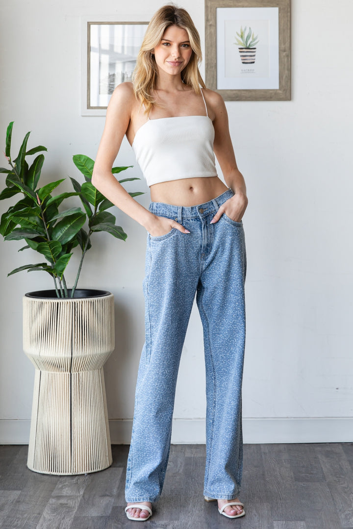 WASHED ALL OVER RHINESTONE EMBELLISHED DENIM JEANS