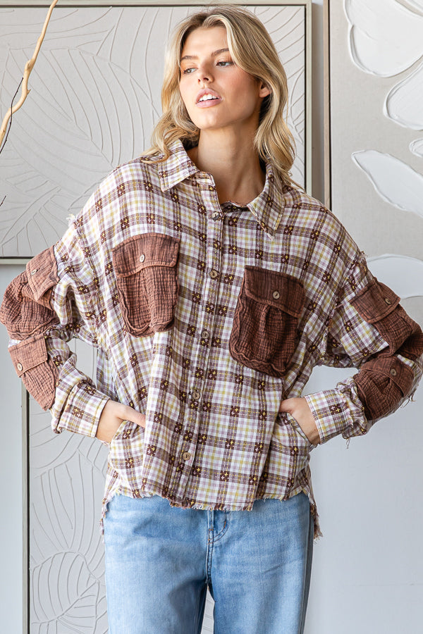 WASHED PLAID CONTRAST 3D POCKETS BUTTON DOWN SHIRT