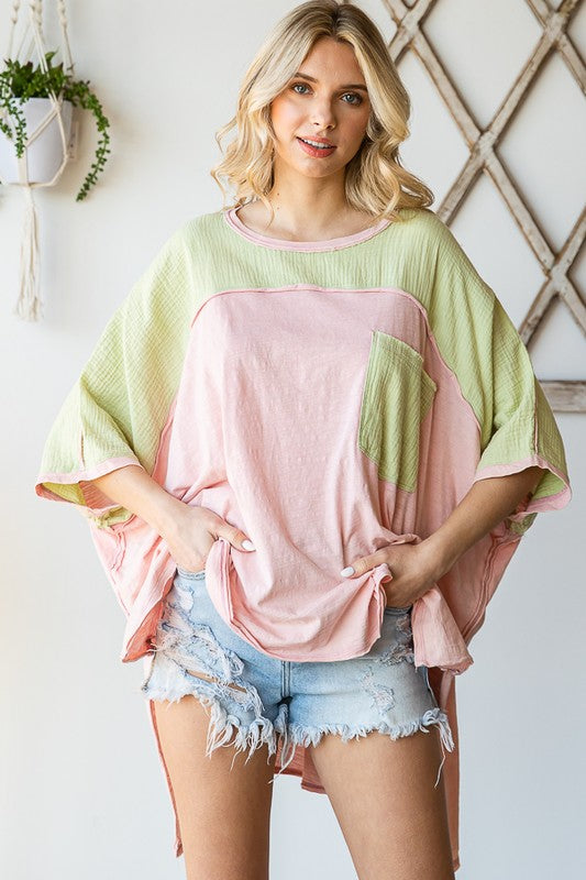 WASHED COLORBLOCK FRONT POCKET OVERSIZED BOX TEE