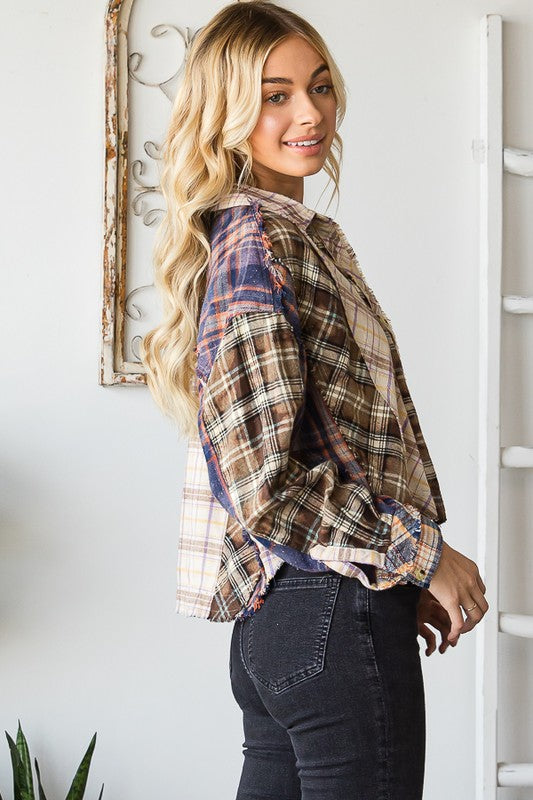 MIXED PLAID COLLAR NECK LONG SLEEVE CROPPED SHIRT