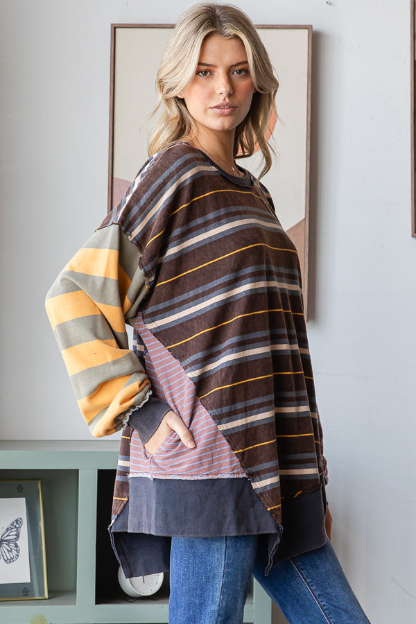 MULTICOLOR STRIPED LONG SLEEVE OVERSIZED TOP