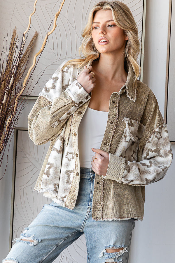 WASHED STAR PRINT CORDUROY MIX JACKET