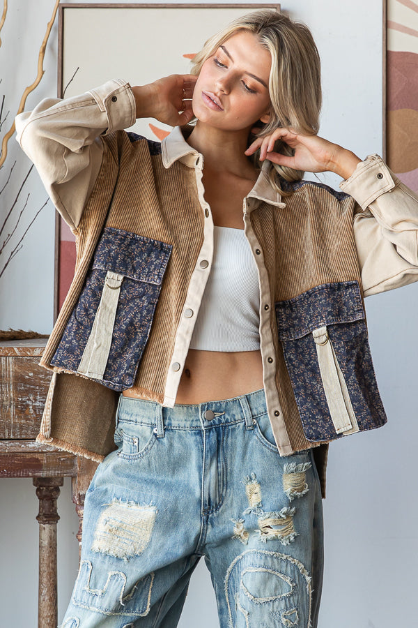 COLORBLOCK BIG POCKETS CORDUROY JACKET