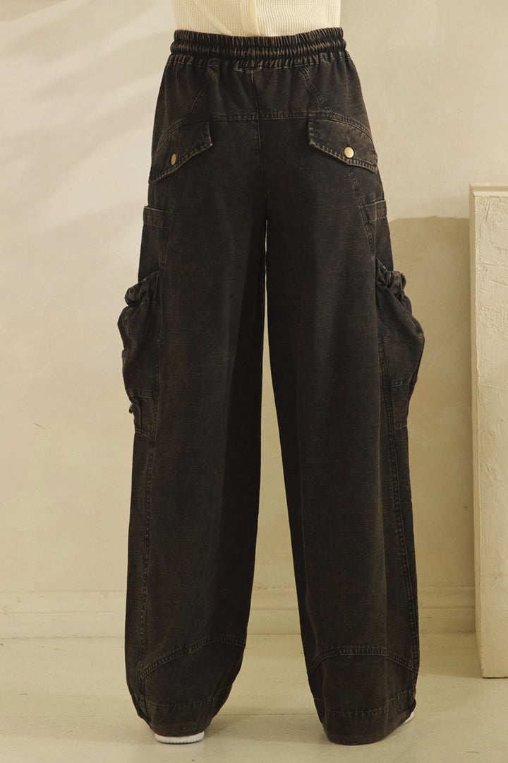 WASHED ELASTIC WAIST STRING POINT BIG POCKET PANTS