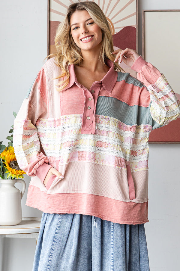 WASHED MIXED FABRIC BUTTON COLLAR LONG SLEEVE TOP