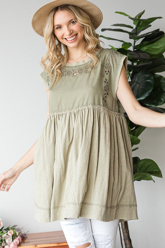 MINERAL WASHED EMBROIDEY PEPLUM TUNIC TOP