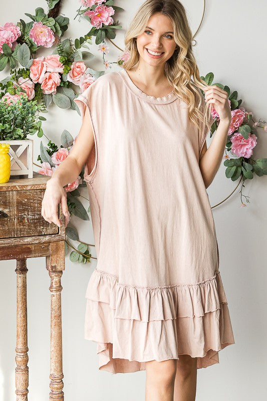 WASHED RUFFLE HEM SHORT SLEEVE TUNIC DRESS