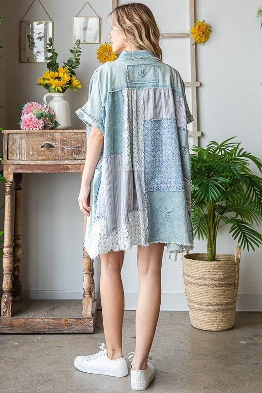 MIX MEDIA MINERAL WASHED SHORT SLEEVE SHIRT DRESS