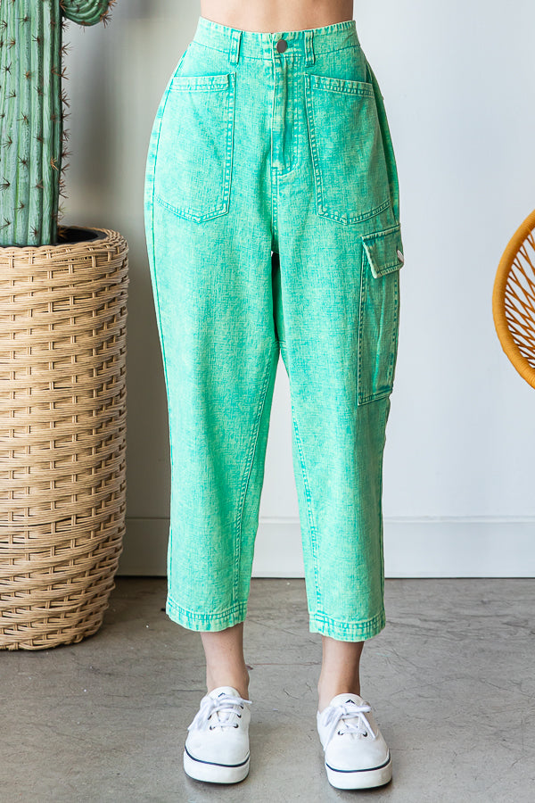 WASHED POCKETS HIGH WAIST CARGO PANTS