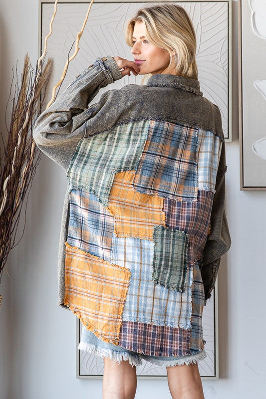 WASHED PLAID PACTHWORK BACK DETAIL SHIRT