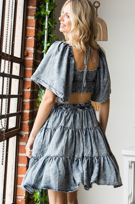 WASHED CROSS CUTOUT TIERED TENCEL MINI DRESS