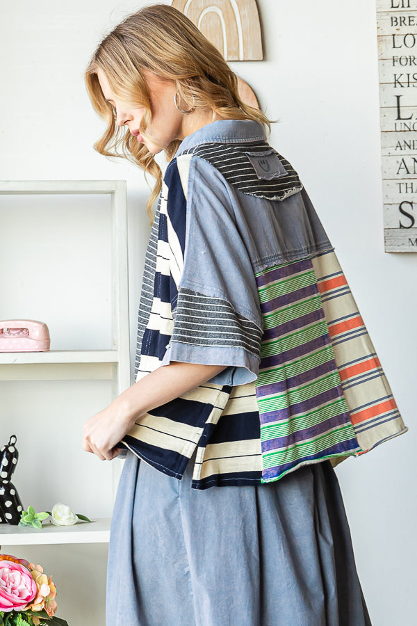 MULTI STRIPE MIXED COLLAR NECK SHIRT