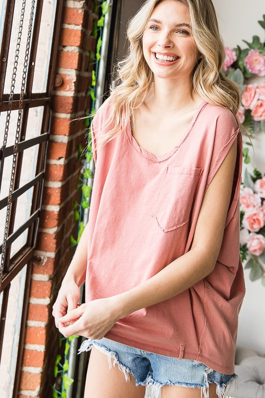 WASHED FRONT POCKET OVERSIZED SHORT SLEEVE TOP