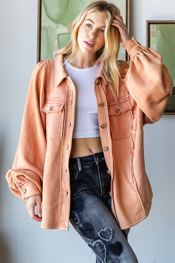 WASHED BALLOON SLEEVE BUTTON FRONT SHIRT JACKET