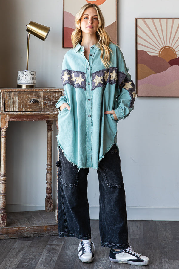 WASHED STAR PATCHWORK BUTTON DOWN SHACKET
