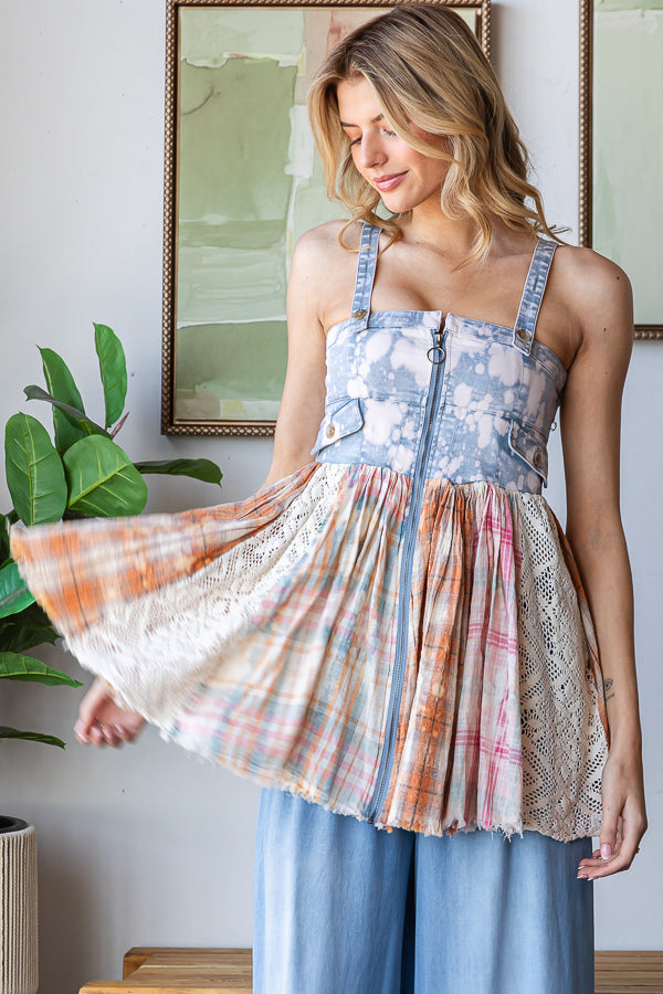 WASHED PLAID MIXED FLARE HEM ZIP FRONT DENIM TOP