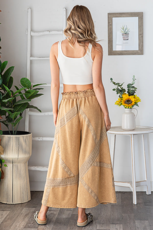 WASHED LACE TRIM TERRY WIDE LEG PANTS