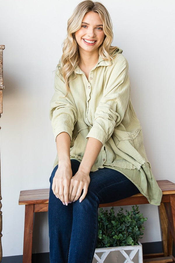 MINIERAL WASHED LAYERED HEM HOODED GAUZE SHIRT