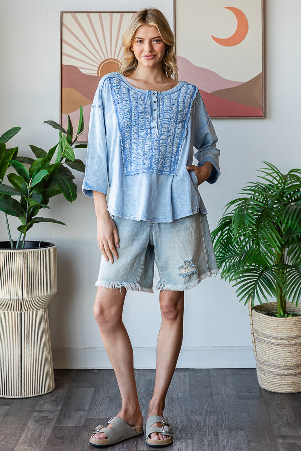 SMOCKED FRONT HENLEY NECK OVERSIZED TOP