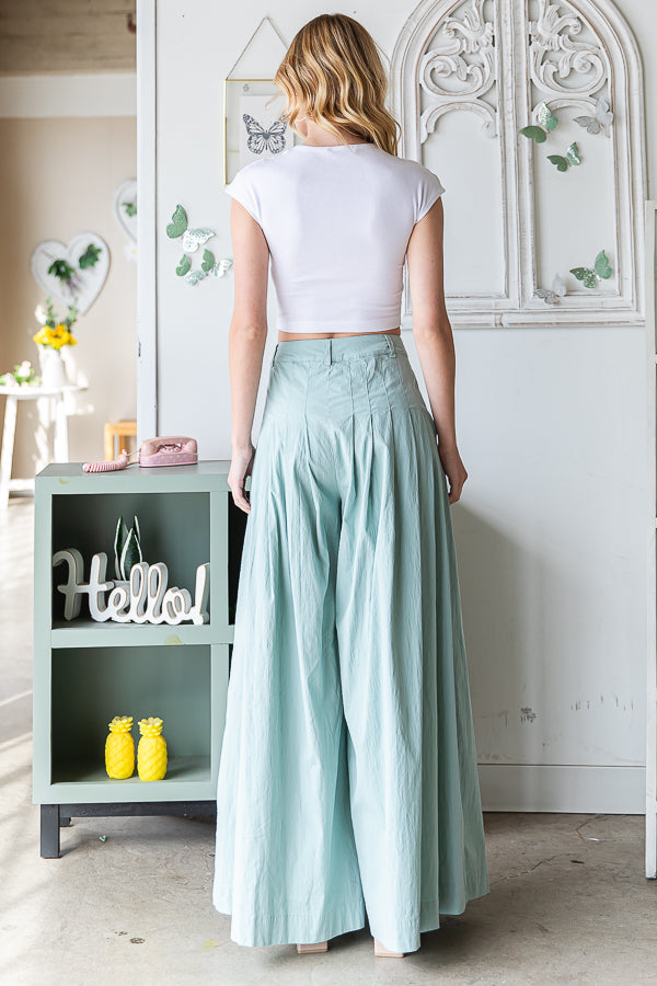 WASHED COTTON PLEATED WIDE LEG PANTS