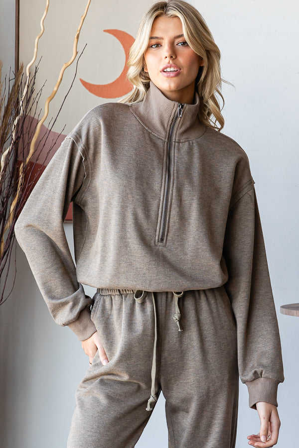 ZIP FRONT NECK CONTRAST BACK POCKET JUMPSUIT