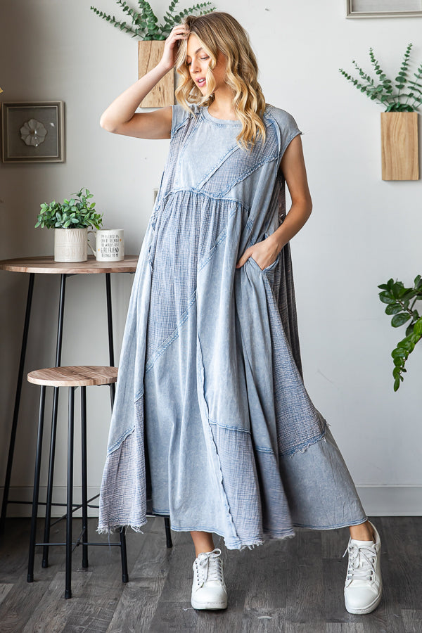 WASHED PATCHWORK DETAIL MIDI DRESS