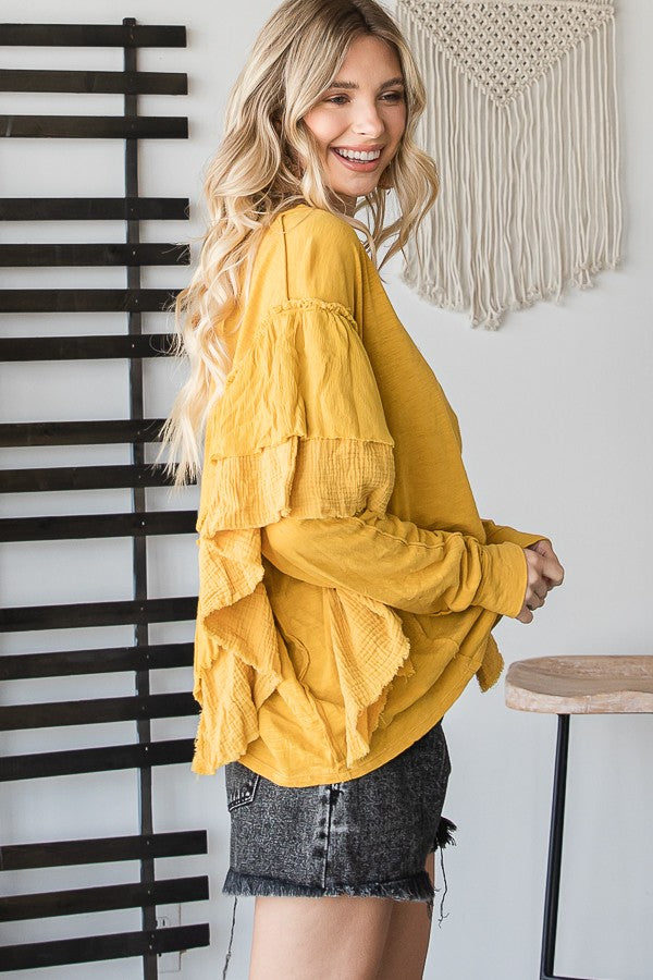 WASHED RUFFLE DETAIL DOLAM SLEEVE OVERSIZED TOP