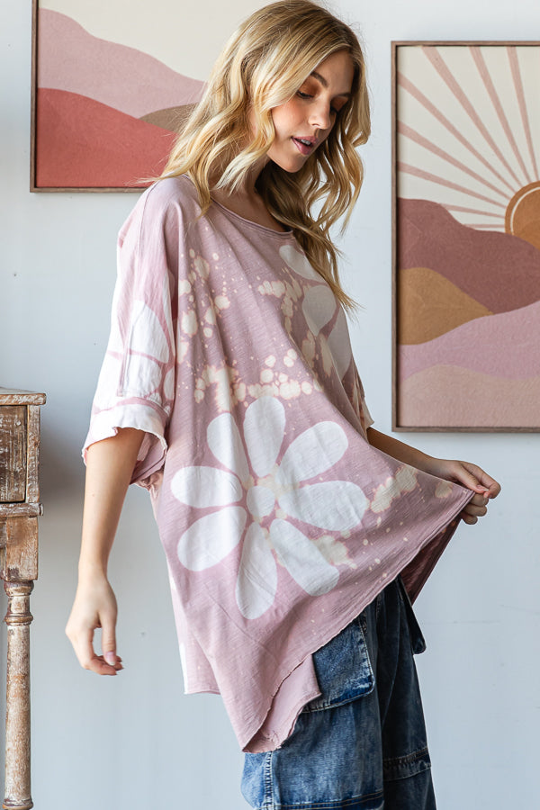 WASHED BIG FLOWER PRINTED OVERSIZED TEE