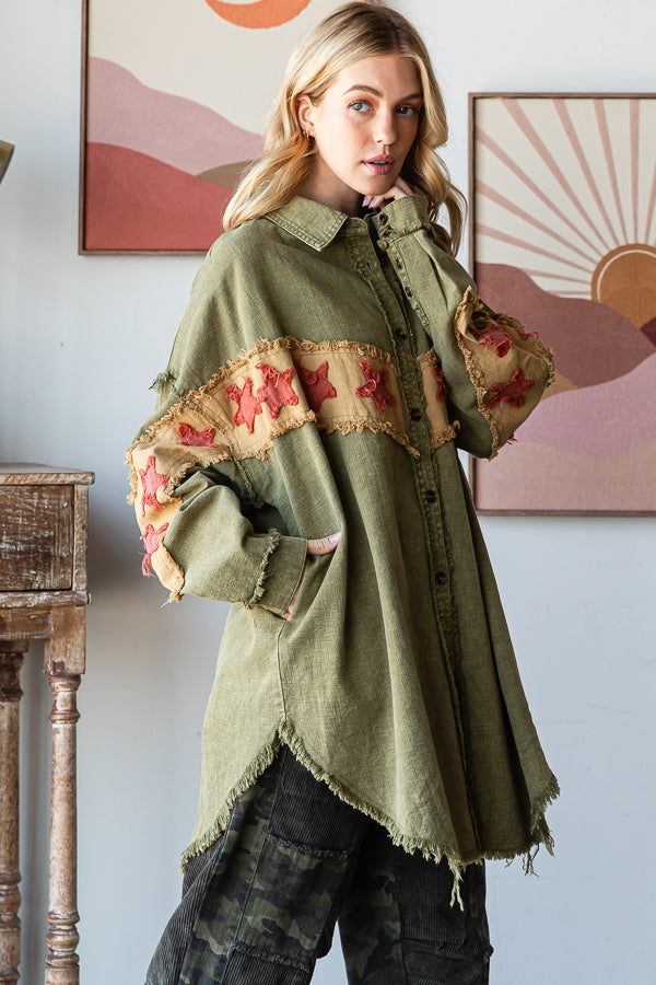 WASHED STAR PATCHWORK BUTTON DOWN SHACKET
