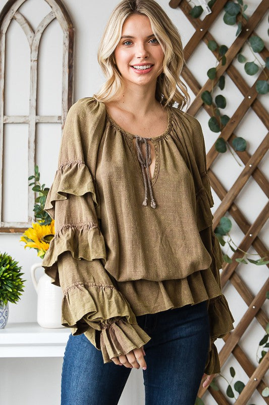 WASHED TIERED RUFFLE SLEEVE PEPLUM BLOUSE