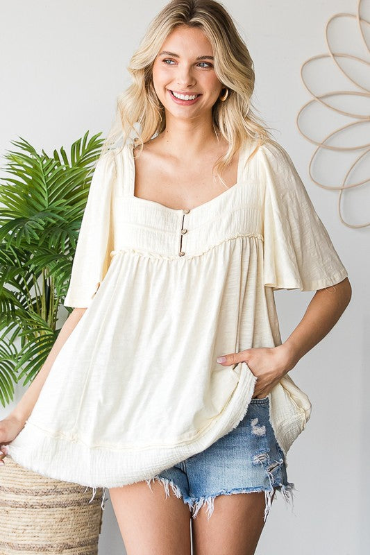MINERAL WASHED BALLON SLEEVE BABYDOLL TOP