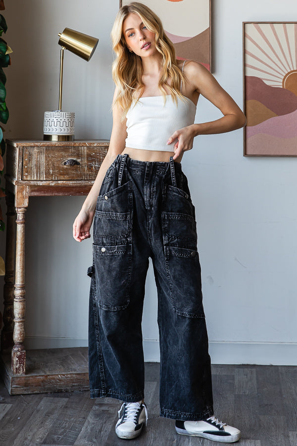 MINERAL WASHED WIDE LEG CARGO DENIM JEANS