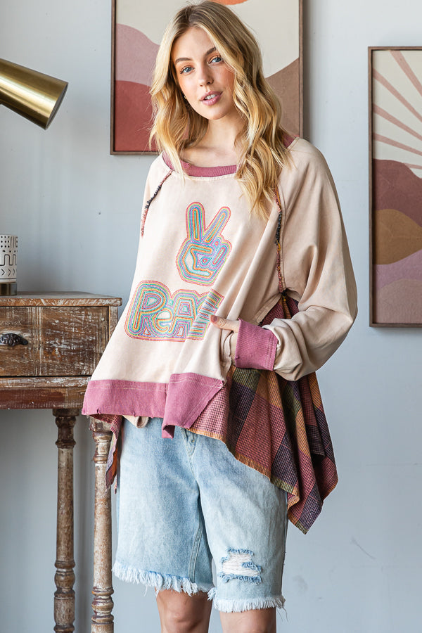WASHED PEACE PATCHWORK PULLOVER TOP