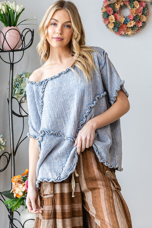 WASHED DOUBLE GUAZE RUFFLED DETAIL OVERSIZED TEE